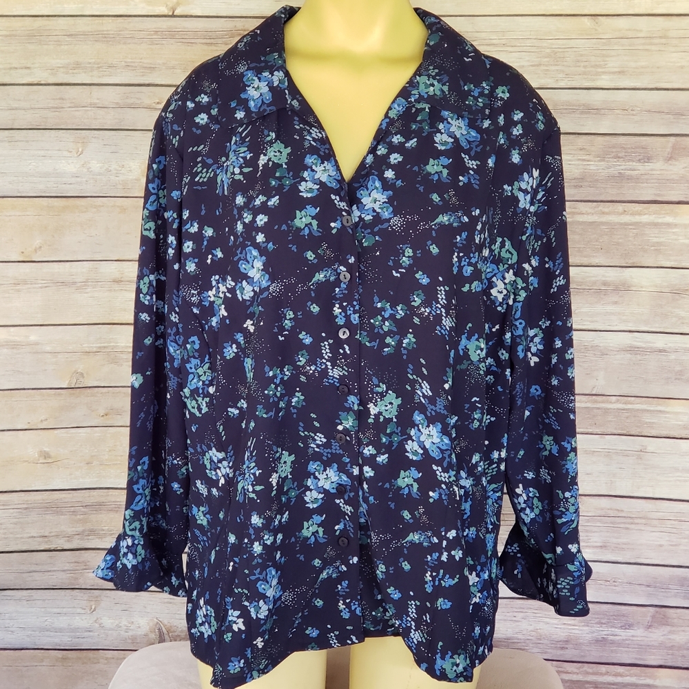 Navy Blue Floral Button Front Blouse